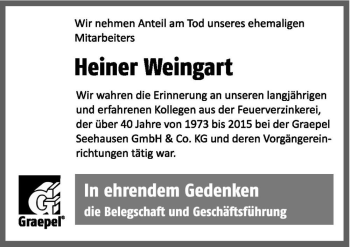 Traueranzeige von Heiner Weingart  von Magdeburger Volksstimme