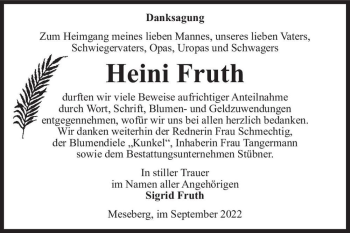 Traueranzeige von Heini Fruth  von Magdeburger Volksstimme
