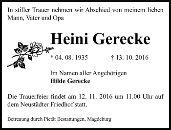 Traueranzeige von Heini Gerecke  von Magdeburger Volksstimme
