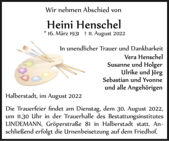 Traueranzeige von Heini Henschel  von Magdeburger Volksstimme