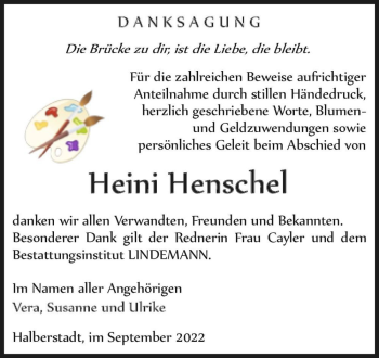 Traueranzeige von Heini Henschel  von Magdeburger Volksstimme