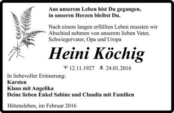 Traueranzeige von Heini Köchig  von Magdeburger Volksstimme