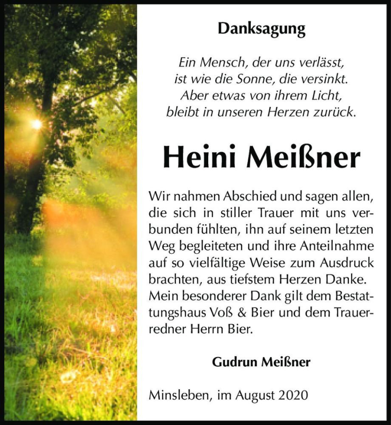  Traueranzeige für Heini Meißner  vom 12.09.2020 aus Magdeburger Volksstimme