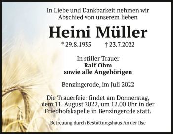 Traueranzeige von Heini Müller  von Magdeburger Volksstimme