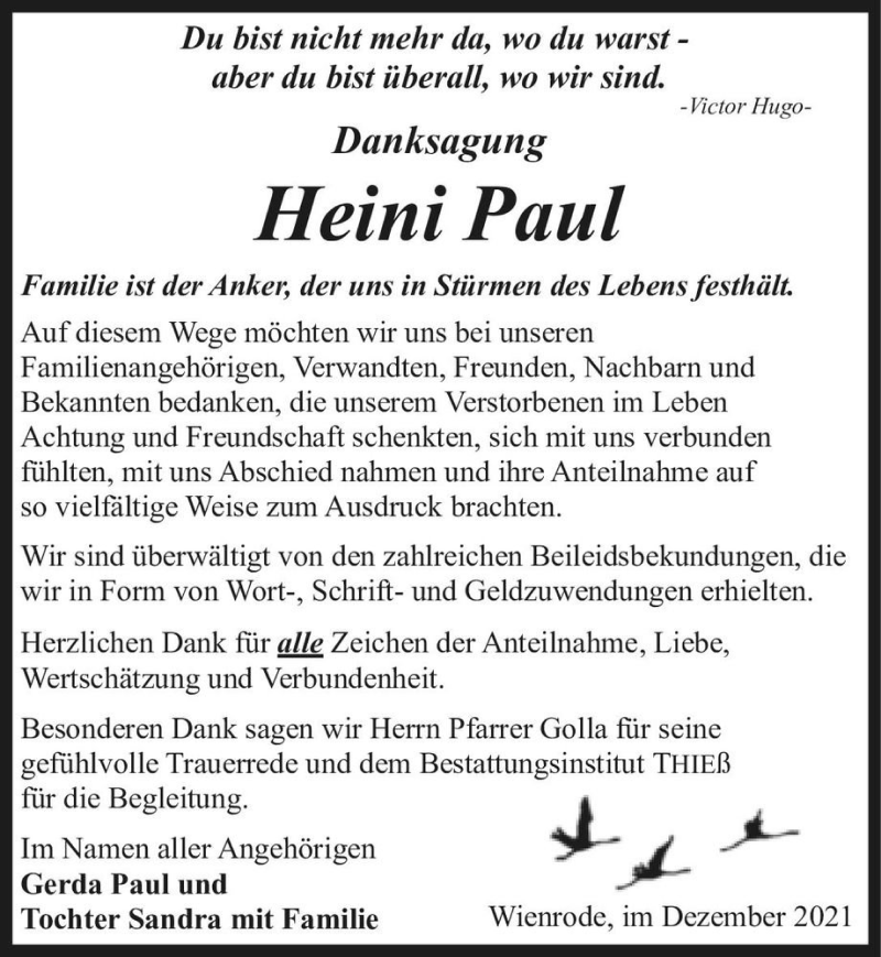  Traueranzeige für Heini Paul  vom 08.01.2022 aus Magdeburger Volksstimme