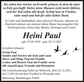 Traueranzeige von Heini Paul  von Magdeburger Volksstimme