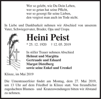 Traueranzeige von Heini Peist  von Magdeburger Volksstimme