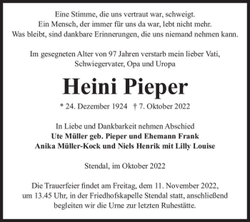 Traueranzeige von Heini Pieper  von Magdeburger Volksstimme
