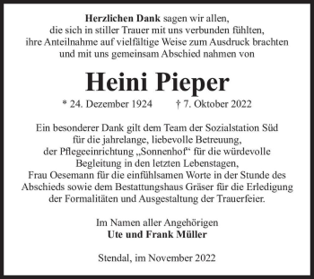 Traueranzeige von Heini Pieper  von Magdeburger Volksstimme