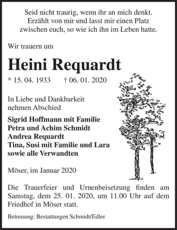 Traueranzeige von Heini Requardt  von Magdeburger Volksstimme