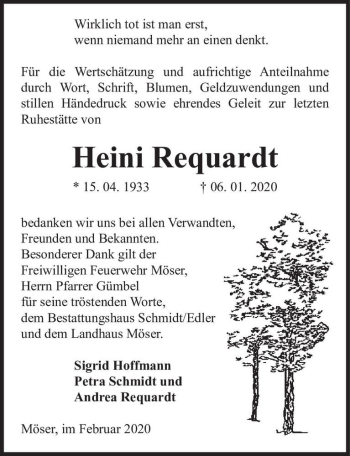 Traueranzeige von Heini Requardt  von Magdeburger Volksstimme