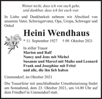 Traueranzeige von Heini Wendhaus  von Magdeburger Volksstimme