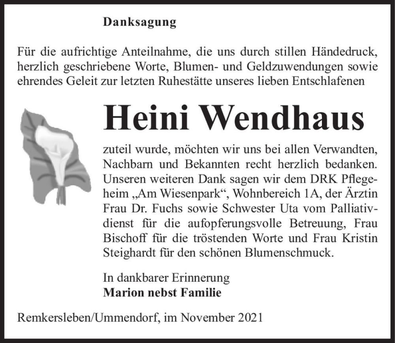  Traueranzeige für Heini Wendhaus  vom 06.11.2021 aus Magdeburger Volksstimme