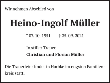 Traueranzeige von Heino-Ingolf Müller  von Magdeburger Volksstimme