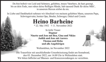 Traueranzeige von Heino Barheine  von Magdeburger Volksstimme