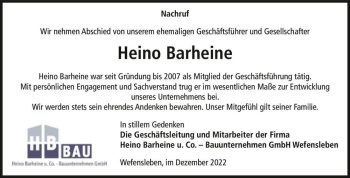 Traueranzeige von Heino Barheine  von Magdeburger Volksstimme