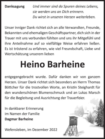 Traueranzeige von Heino Barheine  von Magdeburger Volksstimme