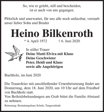 Traueranzeige von Heino Bilkenroth  von Magdeburger Volksstimme