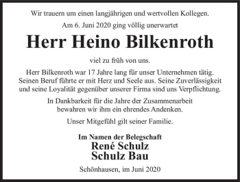 Traueranzeige von Heino Bilkenroth  von Magdeburger Volksstimme