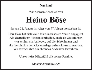 Traueranzeige von Heino Böse  von Magdeburger Volksstimme