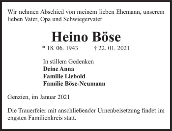 Traueranzeige von Heino Böse  von Magdeburger Volksstimme