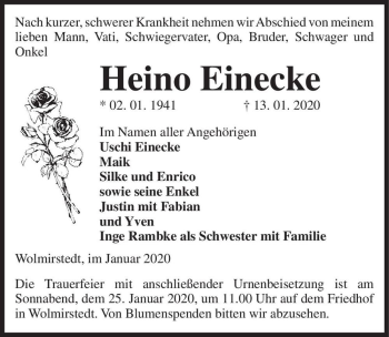 Traueranzeige von Heino Einecke  von Magdeburger Volksstimme