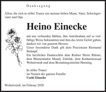 Traueranzeige von Heino Einecke  von Magdeburger Volksstimme