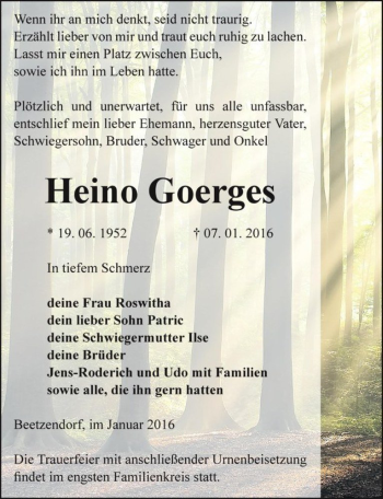 Traueranzeige von Heino Goerges  von Magdeburger Volksstimme