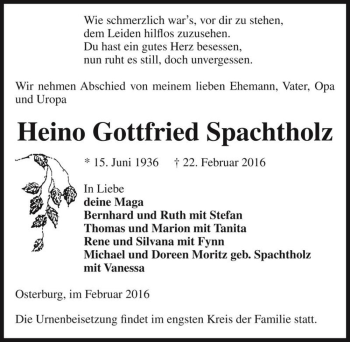 Traueranzeige von Heino Gottfried Spachtholz  von Magdeburger Volksstimme