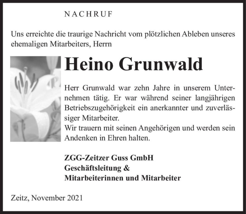  Traueranzeige für Heino Grunwald  vom 12.11.2021 aus Magdeburger Volksstimme