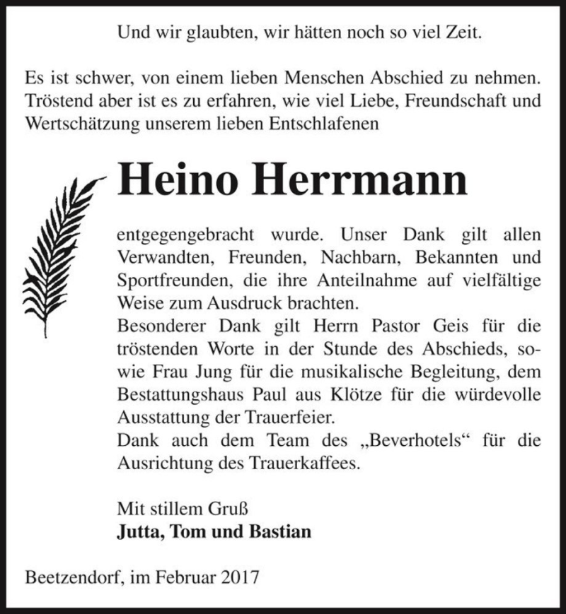  Traueranzeige für Heino Herrmann  vom 25.02.2017 aus Magdeburger Volksstimme