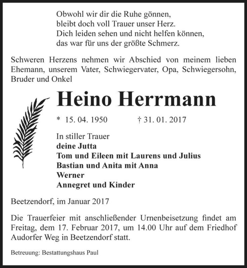  Traueranzeige für Heino Herrmann  vom 03.02.2017 aus Magdeburger Volksstimme