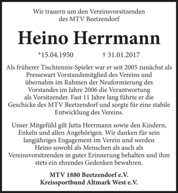 Traueranzeige von Heino Herrmann  von Magdeburger Volksstimme