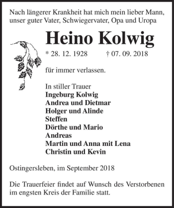 Traueranzeige von Heino Kolwig  von Magdeburger Volksstimme