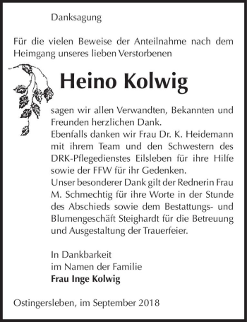 Traueranzeige von Heino Kolwig  von Magdeburger Volksstimme