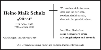 Traueranzeige von Heino Maik Schulz 