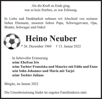 Traueranzeige von Heino Neuber  von Magdeburger Volksstimme
