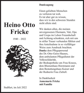 Traueranzeige von Heino Otto Fricke  von Magdeburger Volksstimme
