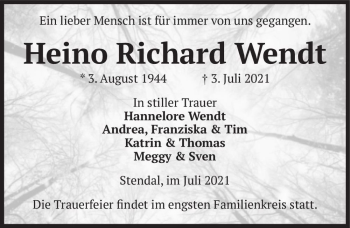 Traueranzeige von Heino Richard Wendt  von Magdeburger Volksstimme
