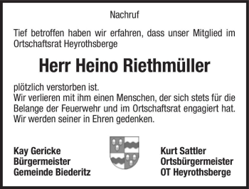 Traueranzeige von Heino Riethmüller  von Magdeburger Volksstimme
