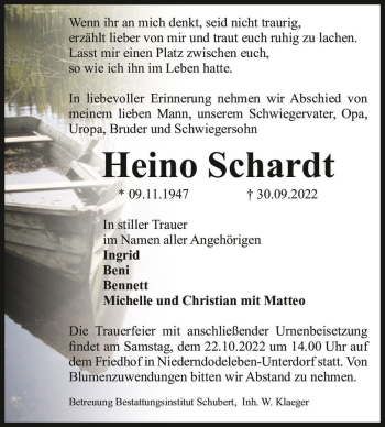 Traueranzeige von Heino Schardt  von Magdeburger Volksstimme