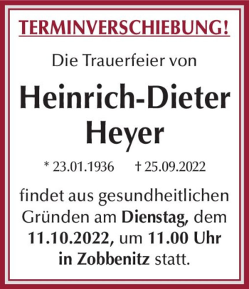 Traueranzeige von Heinrich-Dieter Heyer  von Magdeburger Volksstimme