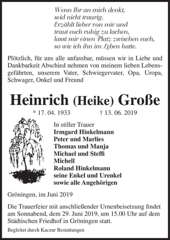 Traueranzeige von Heinrich (Heike) Große  von Magdeburger Volksstimme