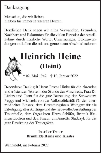 Traueranzeige von Heinrich (Heini) Heine  von Magdeburger Volksstimme