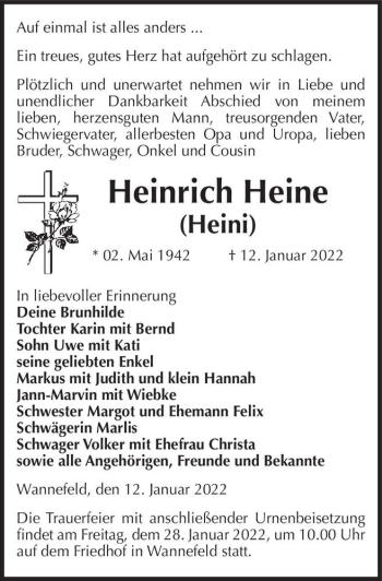 Traueranzeige von Heinrich (Heini) Heine  von Magdeburger Volksstimme