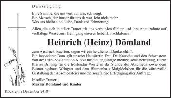 Traueranzeige von Heinrich (Heinz) Dömland  von Magdeburger Volksstimme