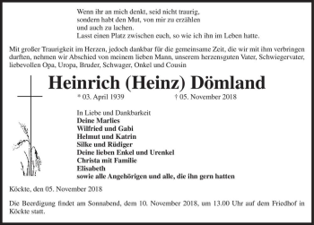 Traueranzeige von Heinrich (Heinz) Dömland  von Magdeburger Volksstimme