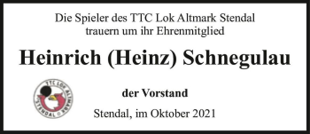Traueranzeige von Heinrich (Heinz) Schnegulau  von Magdeburger Volksstimme