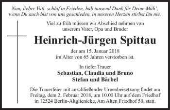 Traueranzeige von Heinrich-Jürgen Spittau  von Magdeburger Volksstimme