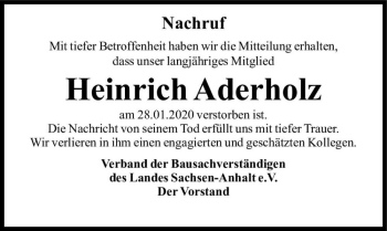 Traueranzeige von Heinrich Aderholz  von Magdeburger Volksstimme